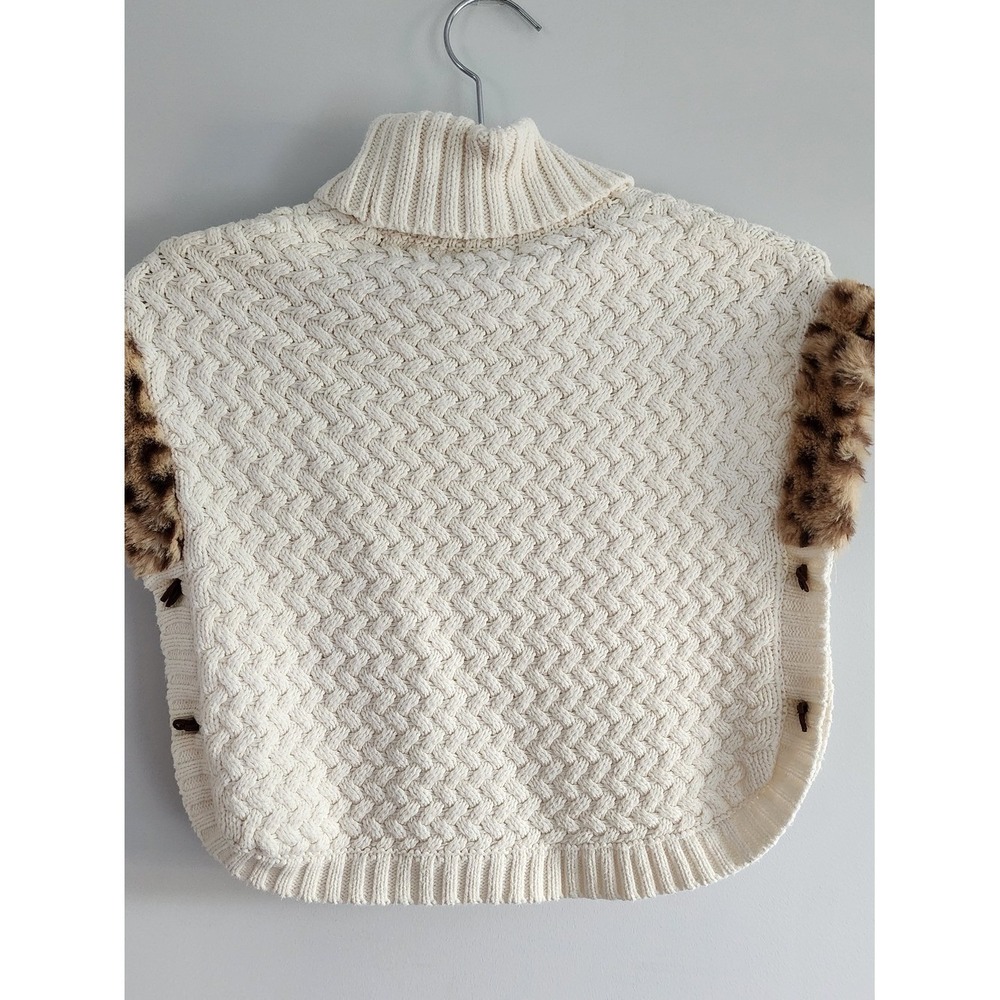 Aspen Kids Poncho Kids Size M 5-6 Cream Leopard Trim Faux Fur Cable Knit Cozy - Picture 10 of 10